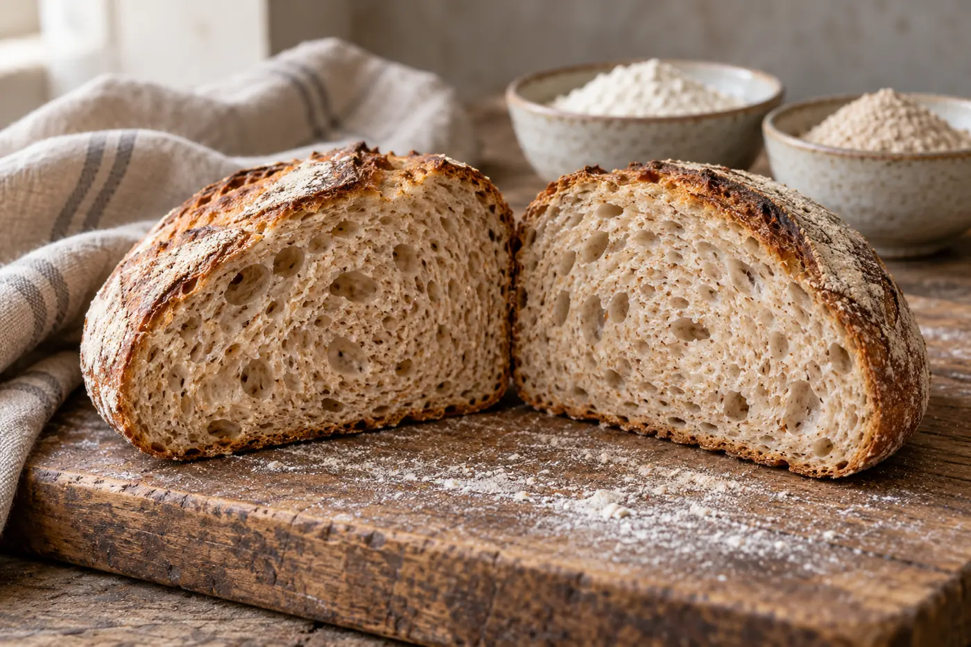Pain au levain issu d’un mélange de farine blanche et complète, coupé en deux, mie beige moyennement ouverte, deux bols de farine en arrière-plan