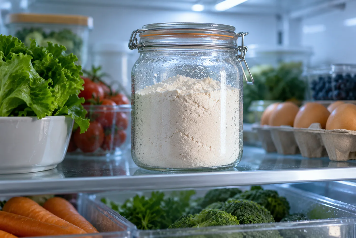 Bocal en verre de farine posé sur une clayette de réfrigérateur, condensation visible sur le verre