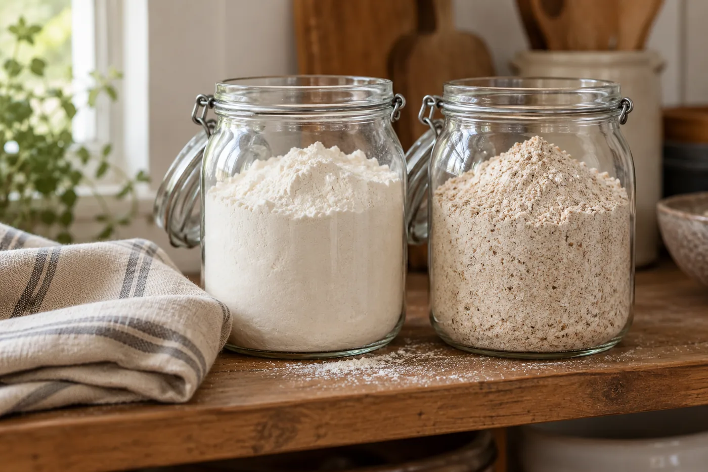 Deux bocaux en verre ouverts côte à côte sur une étagère en bois, l’un rempli de farine blanche fine, l’autre de farine complète beige parsemée de son