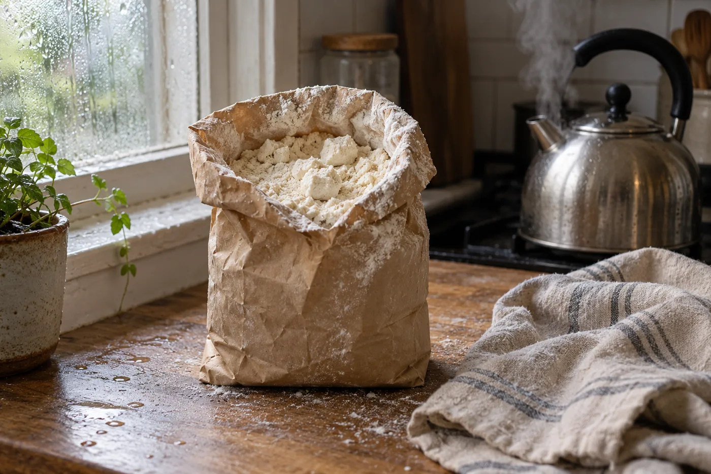 Sac en papier de farine ouvert sur un plan de travail humide, farine agglomérée en grumeaux durs, bouilloire fumante et fenêtre embuée derrière