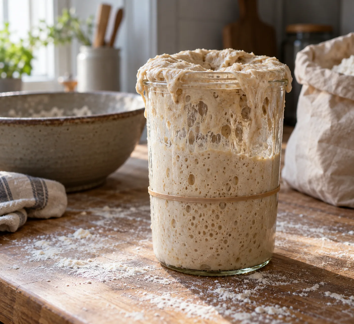 Pâte à pain au levain ayant débordé d’un bocal en verre transparent marqué par un élastique repère posé sur un plan de travail fariné