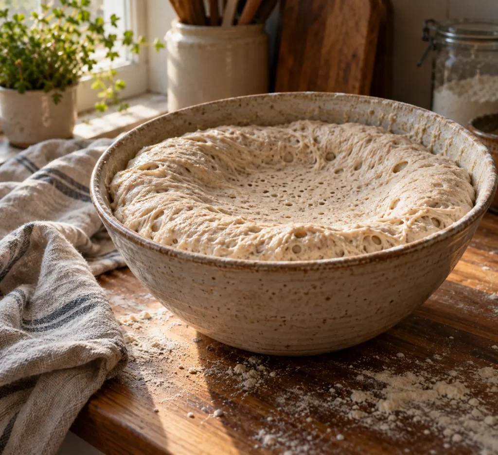 Saladier en grès contenant une pâte à pain au levain trop fermentée, dont le dôme s'est affaissé au centre, posé sur un plan de travail en bois fariné