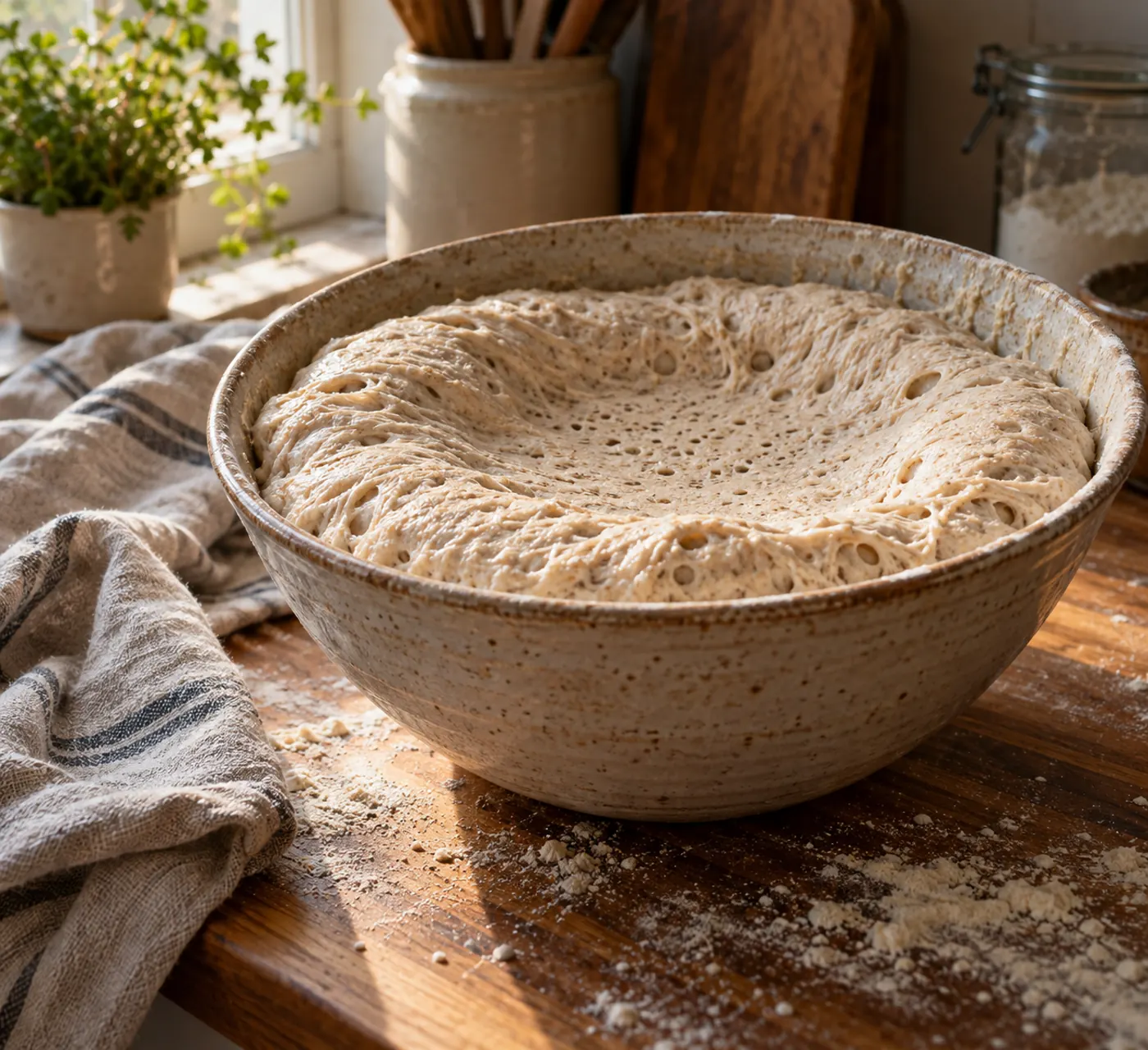 Saladier en grès contenant une pâte à pain au levain trop fermentée, dont le dôme s'est affaissé au centre, posé sur un plan de travail en bois fariné