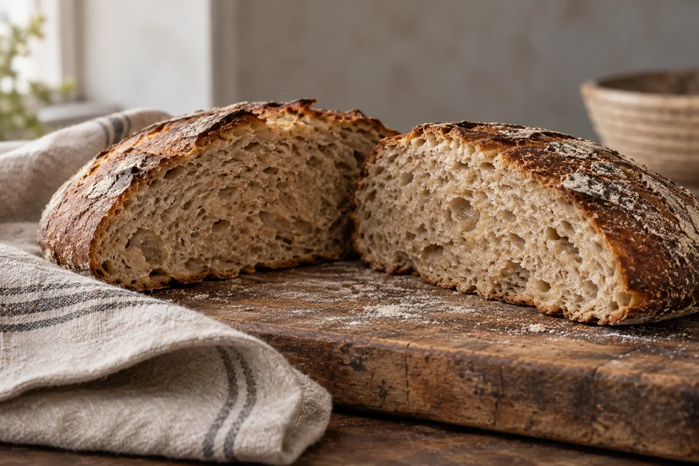 Miche de pain au levain basse et large coupée en deux, mie irrégulière avec des zones serrées sous la croûte