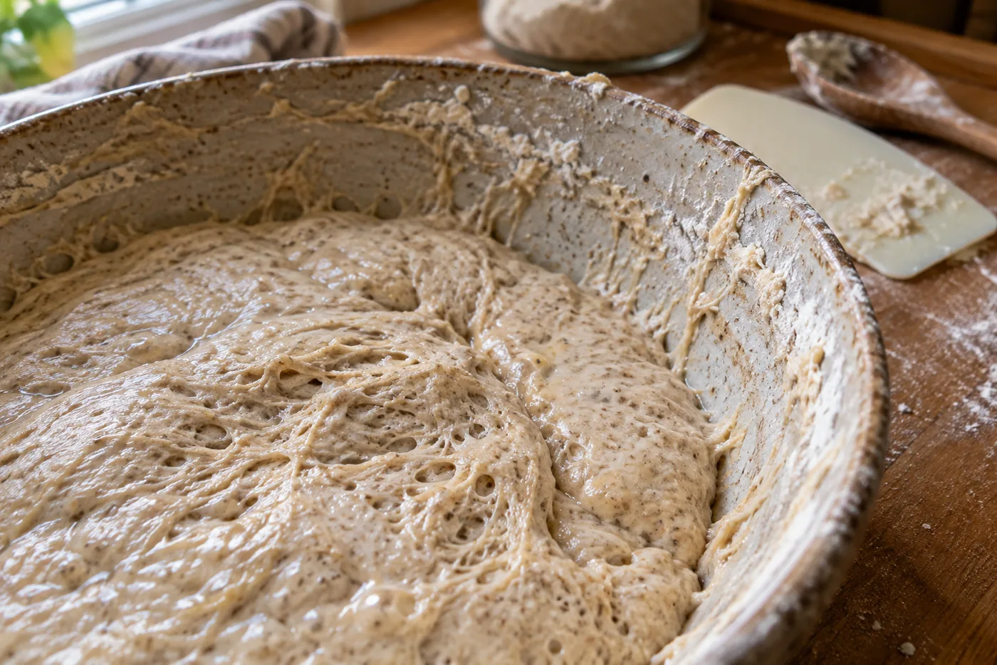 Pâte à pain au levain trop fermentée, étalée et affaissée au fond d’un saladier en grès, surface humide et alvéolée