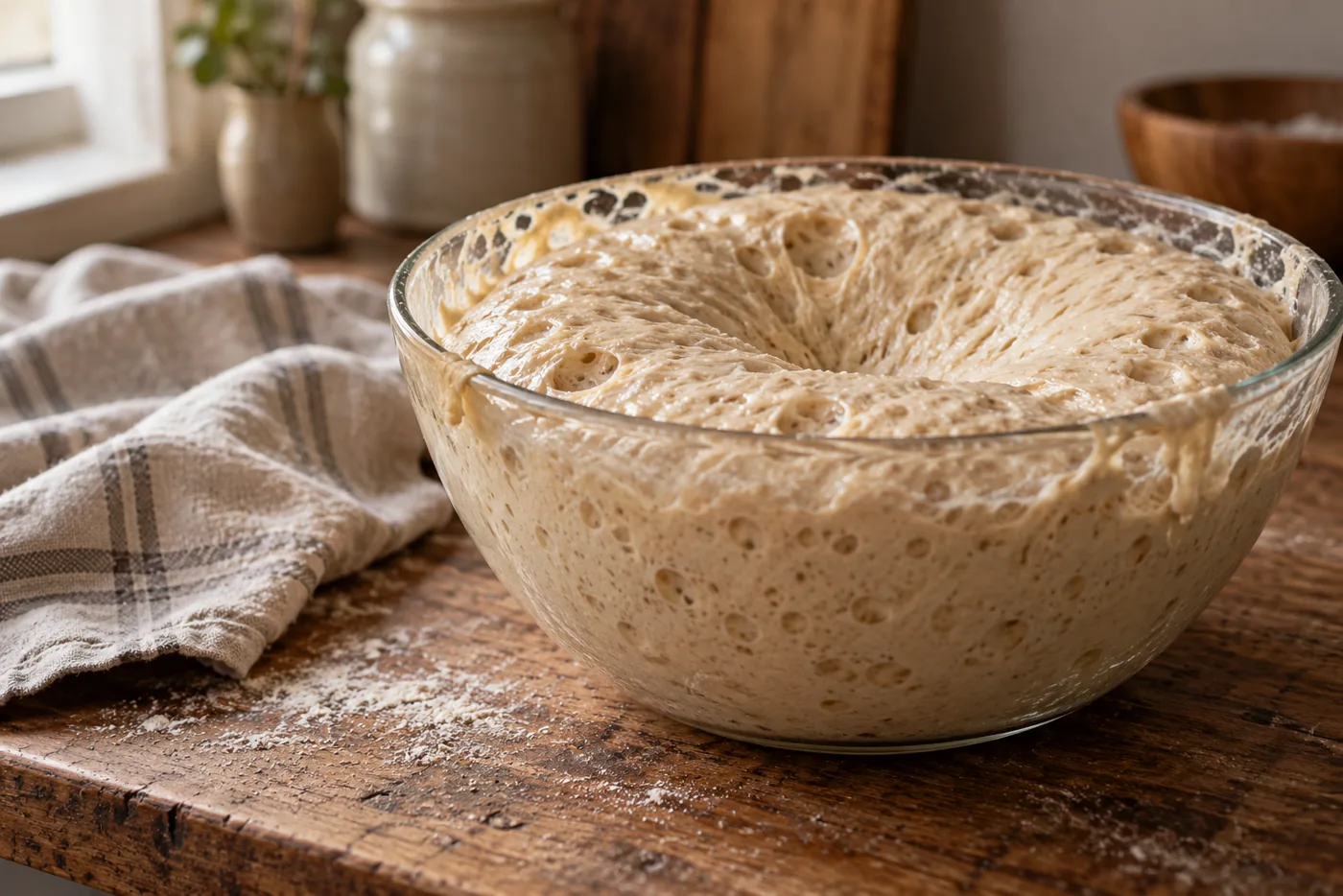 Saladier en verre contenant une pâte à pain au levain trop pointée, dôme affaissé au centre et surface alvéolée, sur un plan de travail en bois