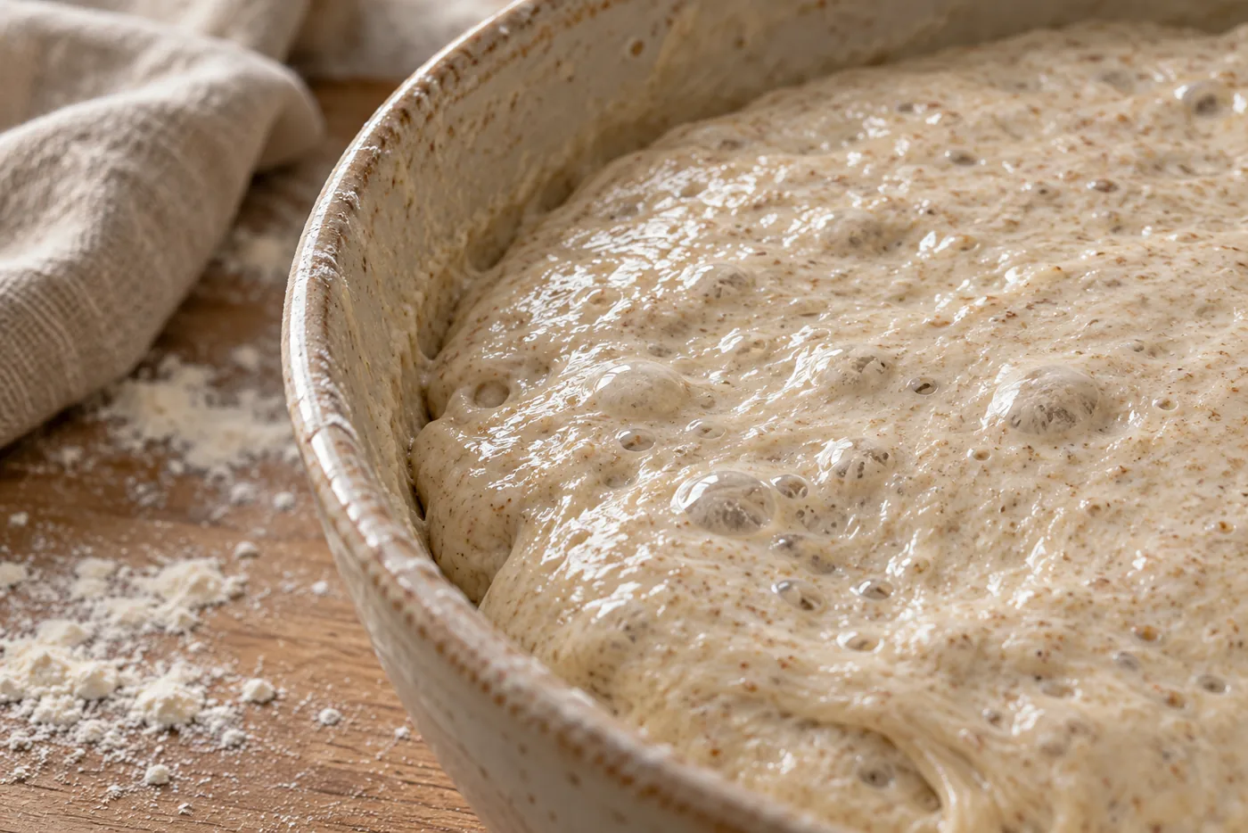 Gros plan sur la surface luisante et mouchetée d’une pâte à pain au levain trop fermentée, petites cloques et bulles sous la peau