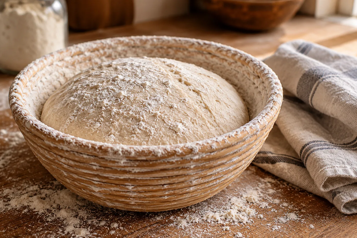 Pâton de pain au levain façonné dans un banneton en osier bien fariné, recouvert d’un torchon de lin sur un plan de travail en bois