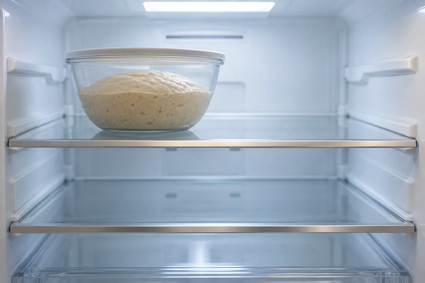 Pâton de pain au levain dans un saladier en verre couvert, posé sur une clayette de réfrigérateur domestique