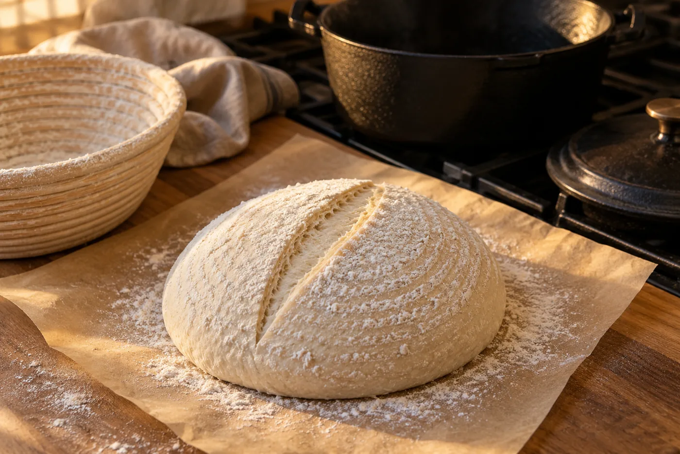 Pâton de pain au levain froid démoulé sur du papier cuisson, grigné d’un coup de lame, devant une cocotte en fonte ouverte