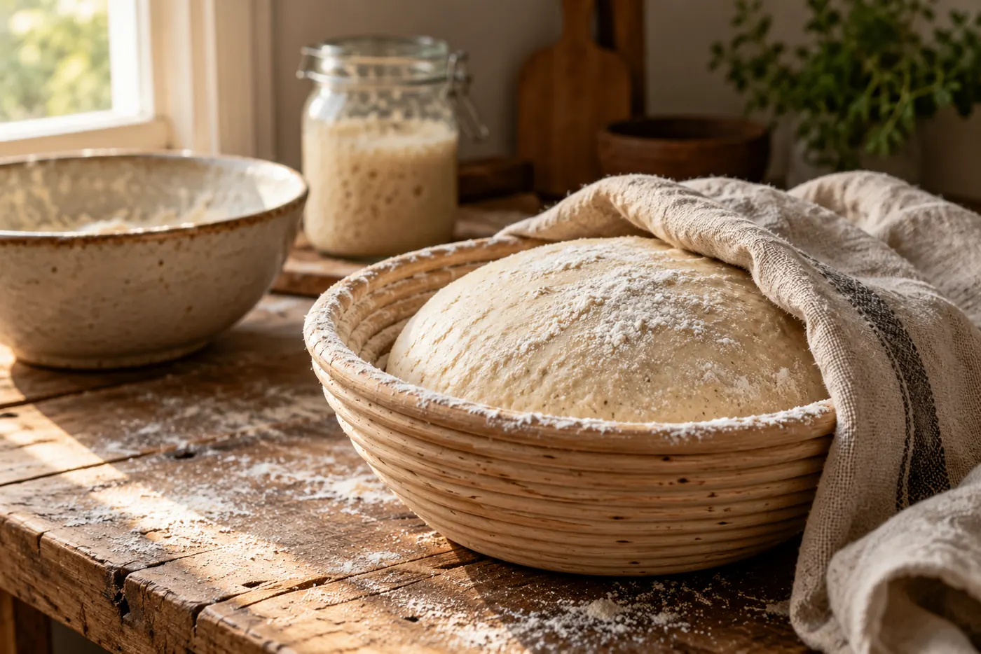 Pâton de pain au levain façonné en boule, posé dans un banneton en osier généreusement fariné et recouvert d’un torchon en lin, sur un plan de travail en bois, avec un bocal de levain en arrière-plan