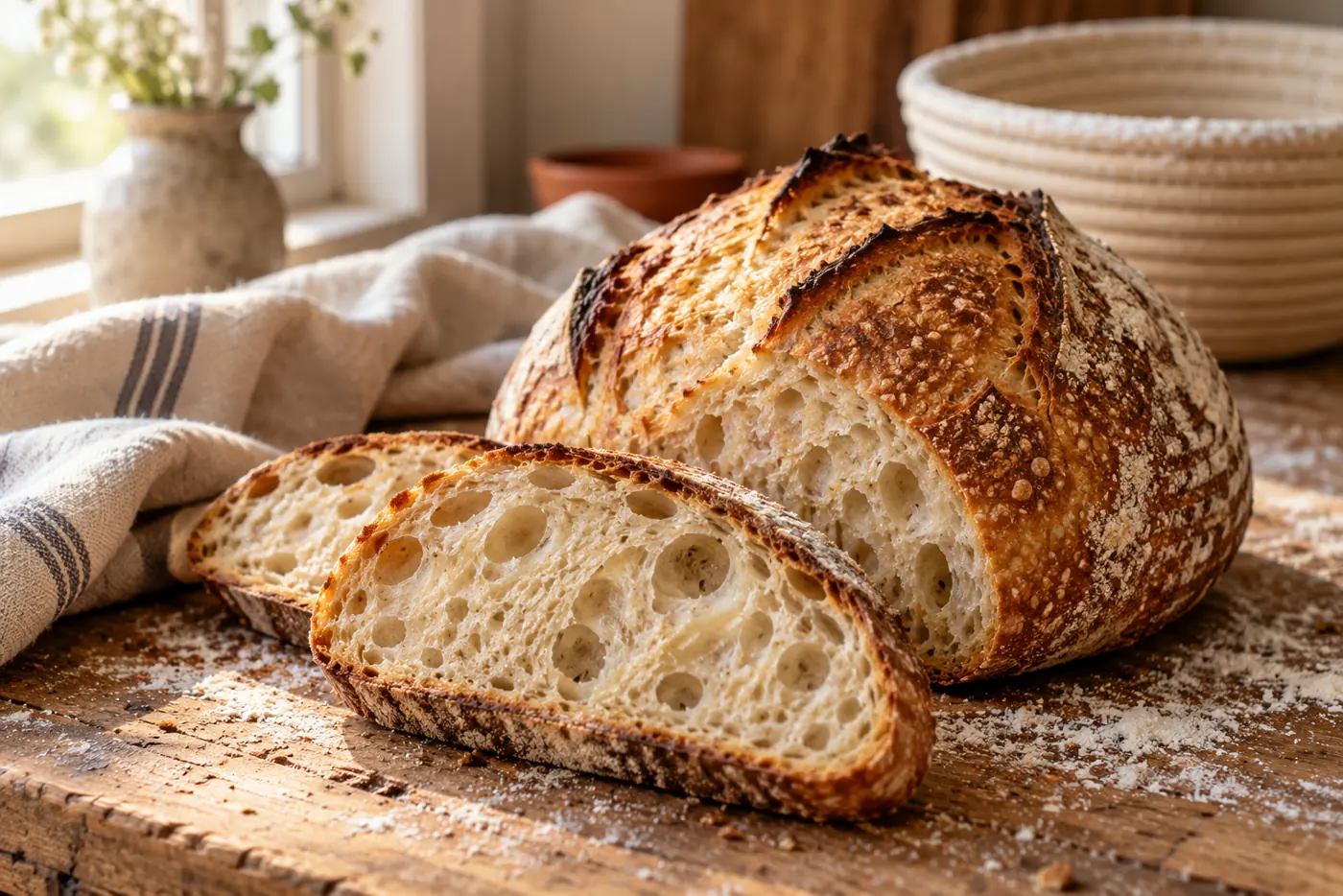 Pain au levain cuit après une nuit au froid, croûte ambrée et finement cloques, deux tranches coupées montrant une mie ouverte et crème