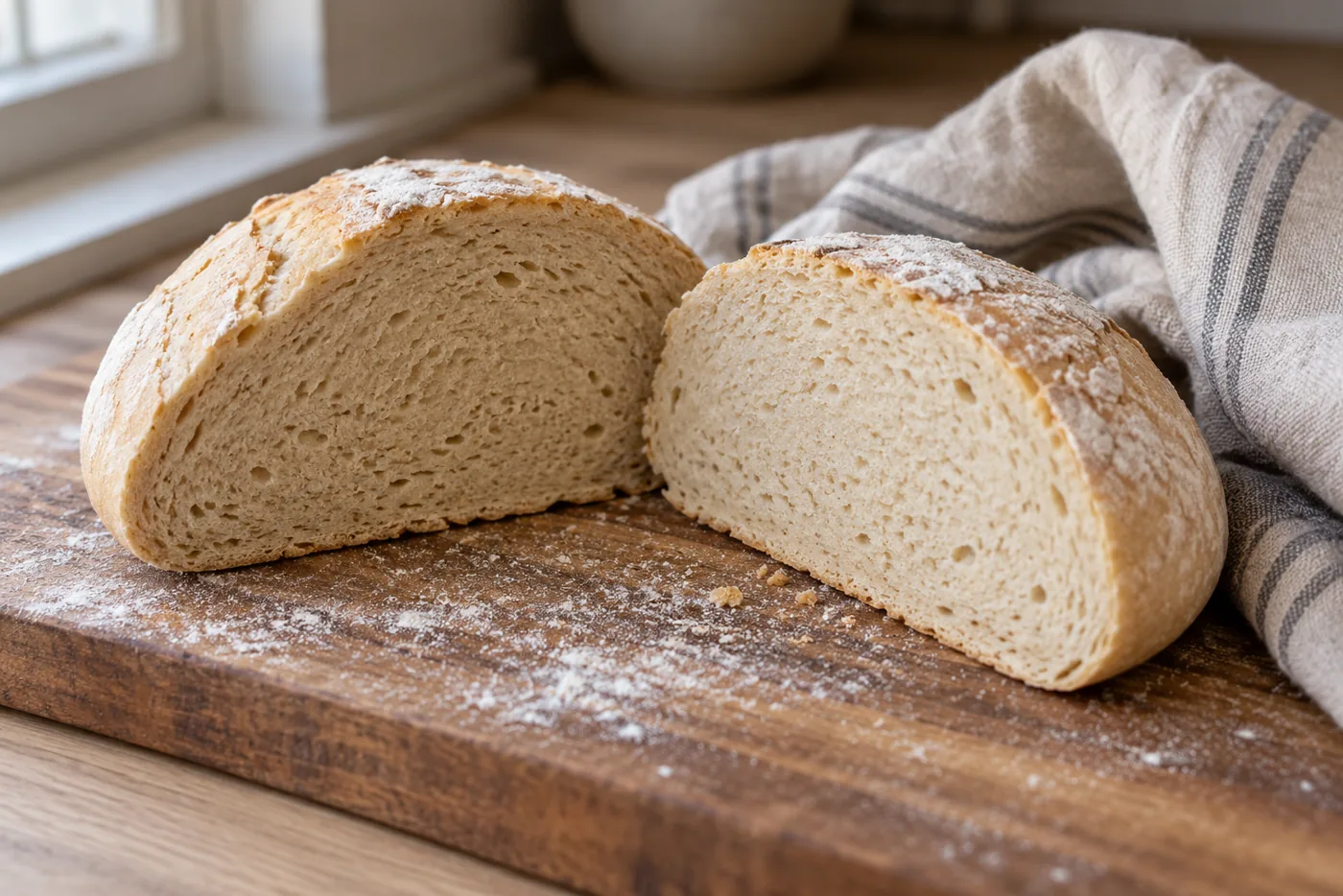 Pain au levain blond et pâle coupé en deux sur une planche en bois, mie serrée et compacte
