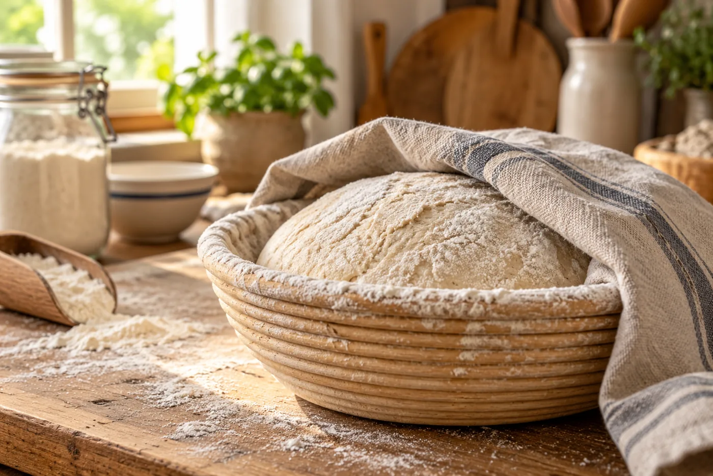 Pâte à pain au levain dans un banneton en osier, recouverte d’un torchon, sur un plan de travail de cuisine lumineuse