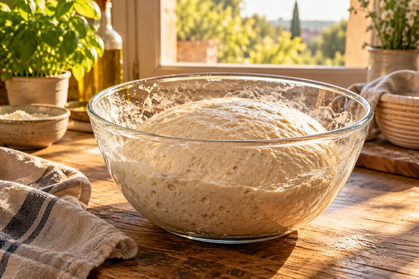 Boule de pâte à pain au levain dans un saladier en verre, posée près d’une fenêtre de cuisine baignée de lumière chaude