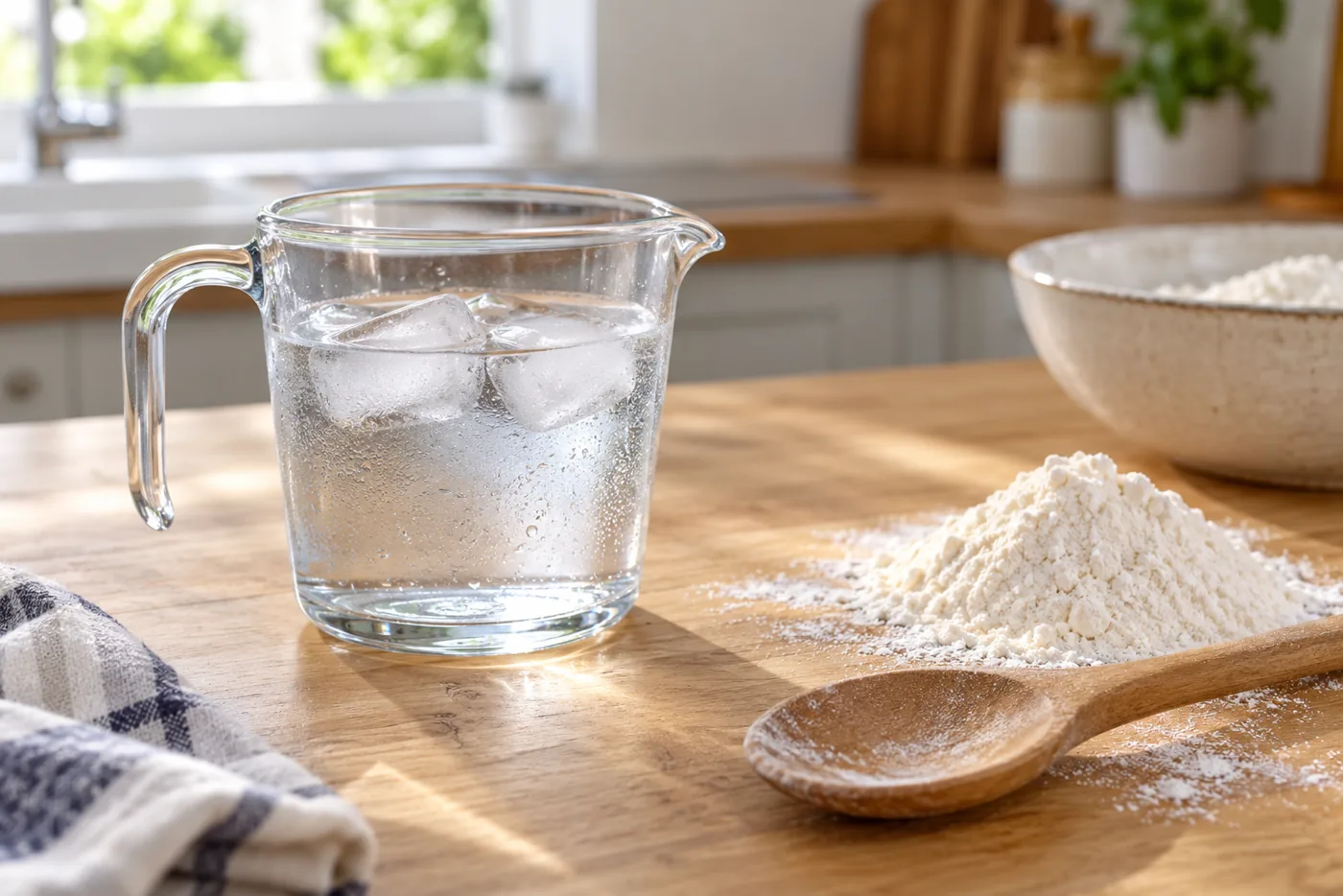 Verre doseur d’eau froide et quelques glaçons posés sur un plan de travail en bois, à côté d’un sac de farine