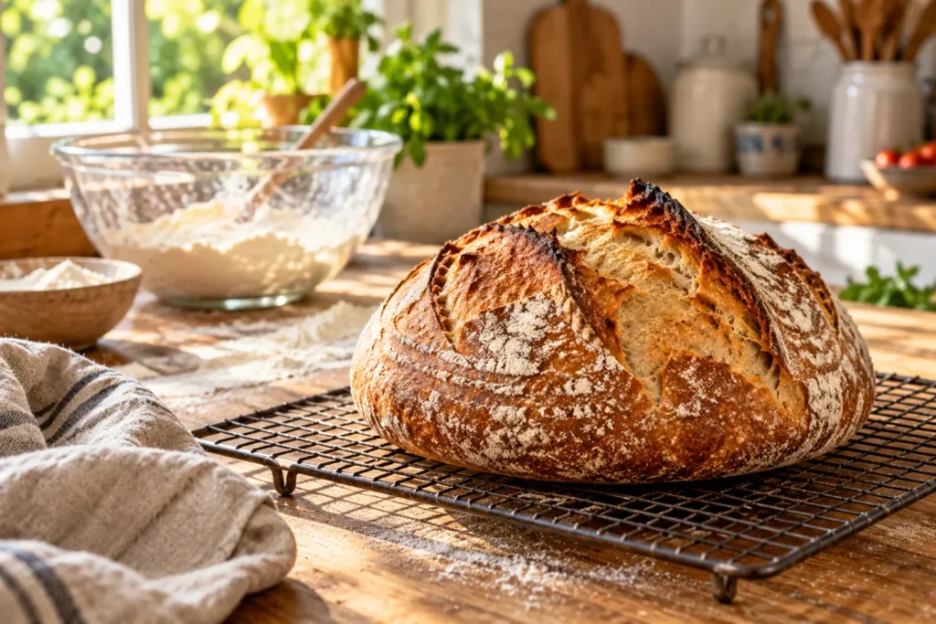 Pain au levain rustique à la croûte dorée posé sur une grille dans une cuisine chaleureuse baignée de lumière naturelle