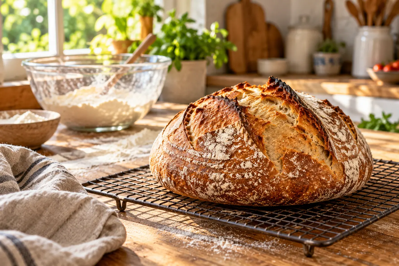Pain au levain rustique à la croûte dorée posé sur une grille dans une cuisine chaleureuse baignée de lumière naturelle