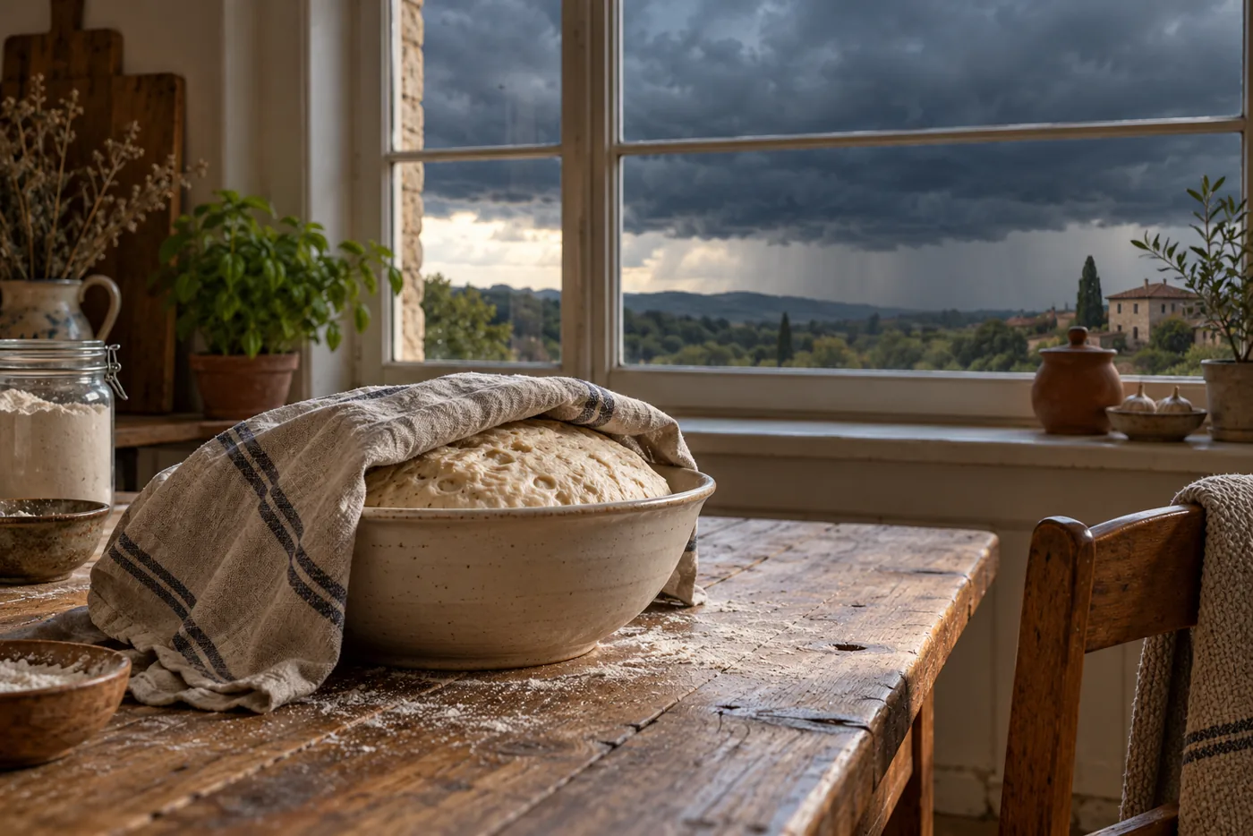Fenêtre de cuisine avec ciel d’orage sombre au loin, un saladier de pâte à pain couvert sur la table