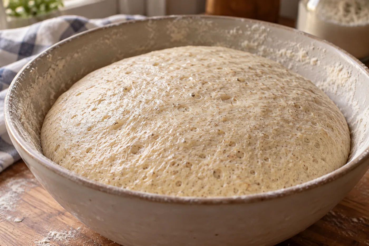 Surface bombée et couverte de petites bulles d’une pâte à pain au levain dans un saladier fariné