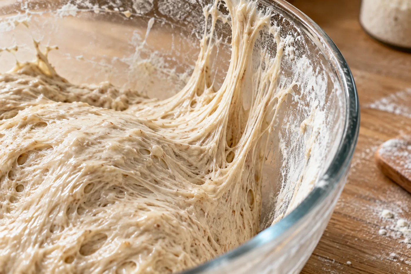 Boule de pâte à pain au levain très collante dans un saladier en verre, la pâte adhère à la paroi