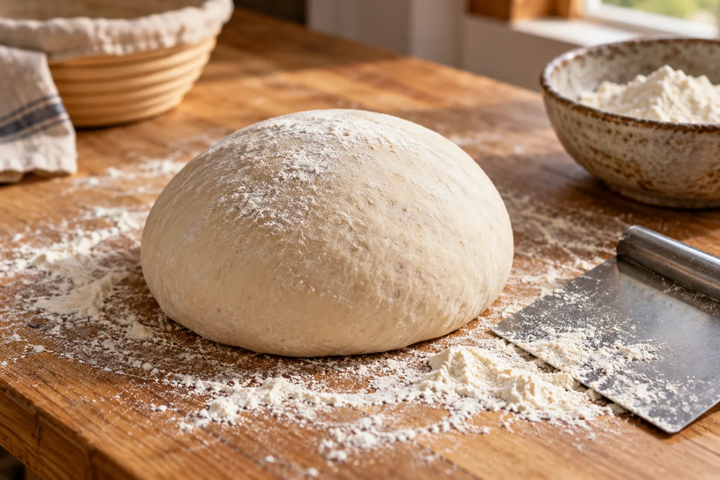 Pâton de pâte à pain posé sur un plan de travail fariné, à côté d’un grattoir de cuisine