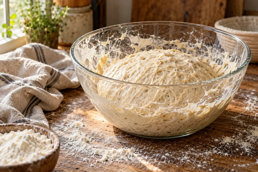 Boule de pâte à pain au levain collante dans un saladier en verre posé sur un plan de travail en bois, lumière naturelle