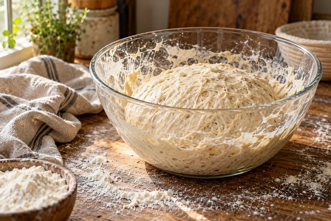 Boule de pâte à pain au levain collante dans un saladier en verre posé sur un plan de travail en bois, lumière naturelle
