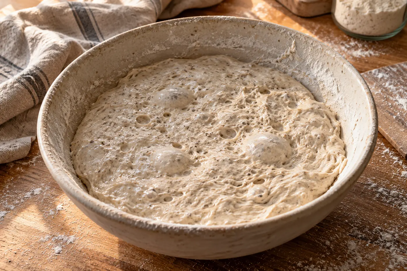 Pâte à pain au levain affaissée et couverte de bulles irrégulières après une fermentation trop longue
