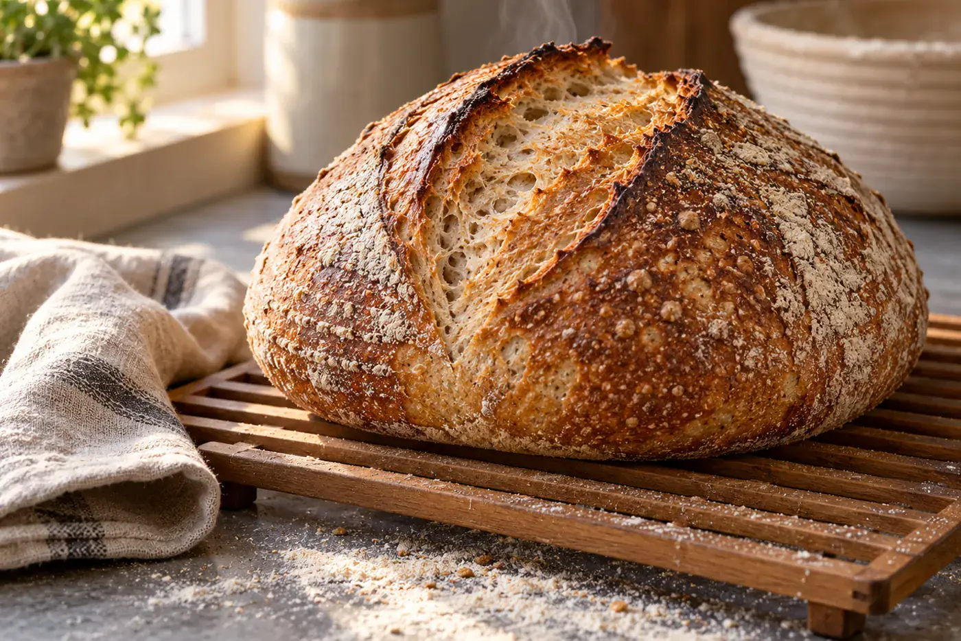 Pain semi-complet au levain fraîchement sorti du four posé sur une grille en bois, entaille ouverte, croûte dorée et farinée, légère vapeur qui s'en échappe