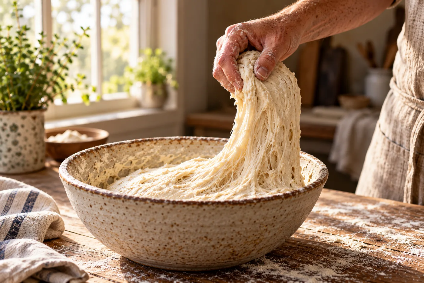 Main farinée soulevant une pâte à pain au levain d'un saladier en céramique, la pâte s'étire en longs filaments au-dessus du bol, plan de travail fariné