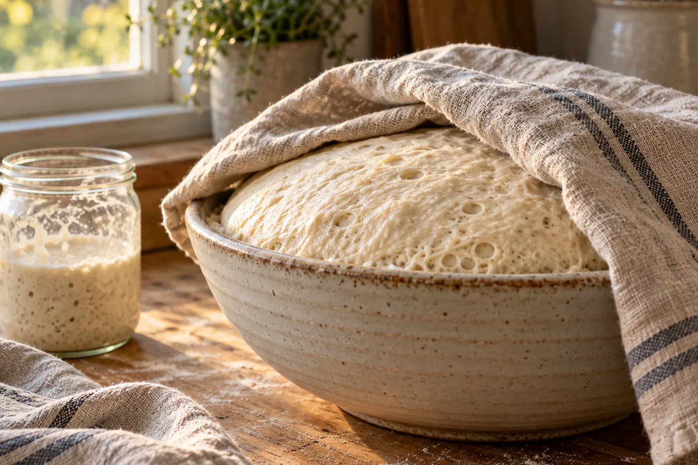 Saladier en céramique couvert d'un torchon en lin, pâte au levain levée et bombée avec des bulles visibles à la surface, bocal de levain à côté sur un comptoir en bois