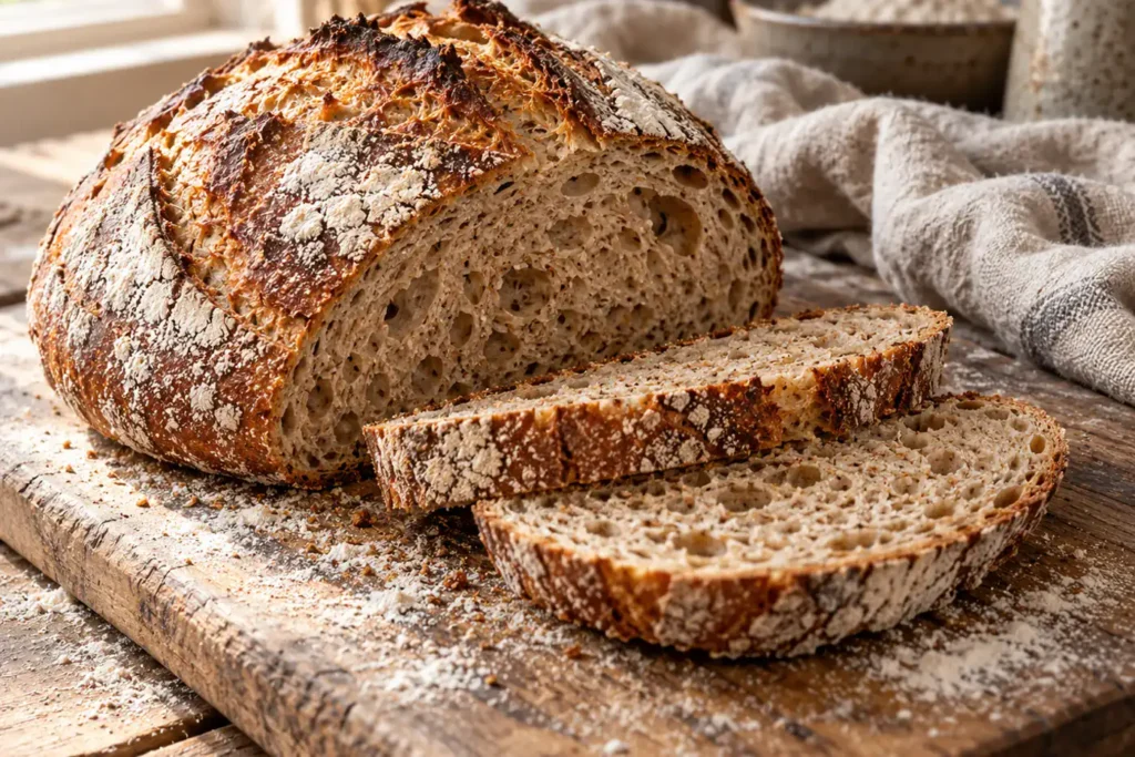 Pain semi-complet au levain tranché sur une planche en bois, mie alvéolée beige clair, croûte dorée farinée, torchon en lin en arrière-plan