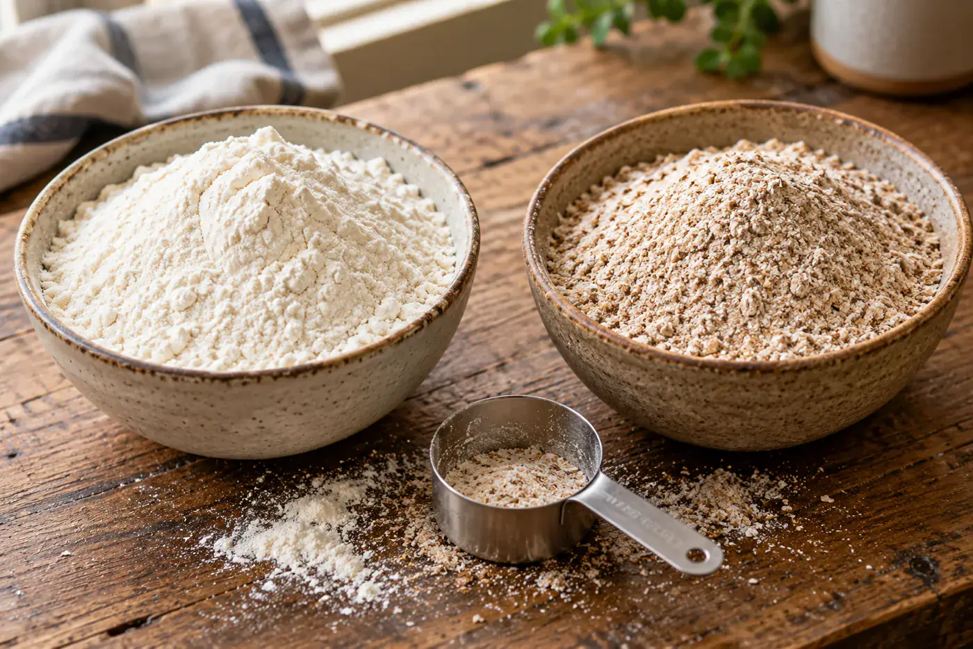 Deux bols en céramique sur une table en bois, farine blanche tamisée à gauche, farine complète plus foncée avec son visible à droite, mesurette en inox posée entre les deux