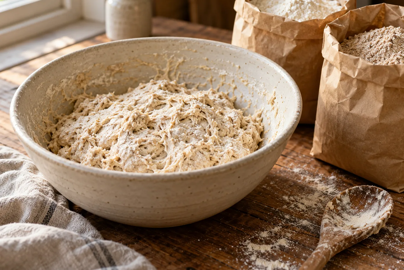 Grand saladier en céramique rempli d'une pâte à pain au levain juste mélangée, encore grumeleuse et collante, deux sacs en papier kraft de farine ouverts à côté sur la table en bois