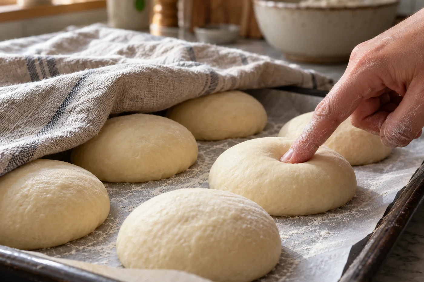 Six pâtons ronds en apprêt sur une plaque avec papier cuisson, torchon de lin les recouvrant à moitié, un index fariné enfoncé dans un pâton