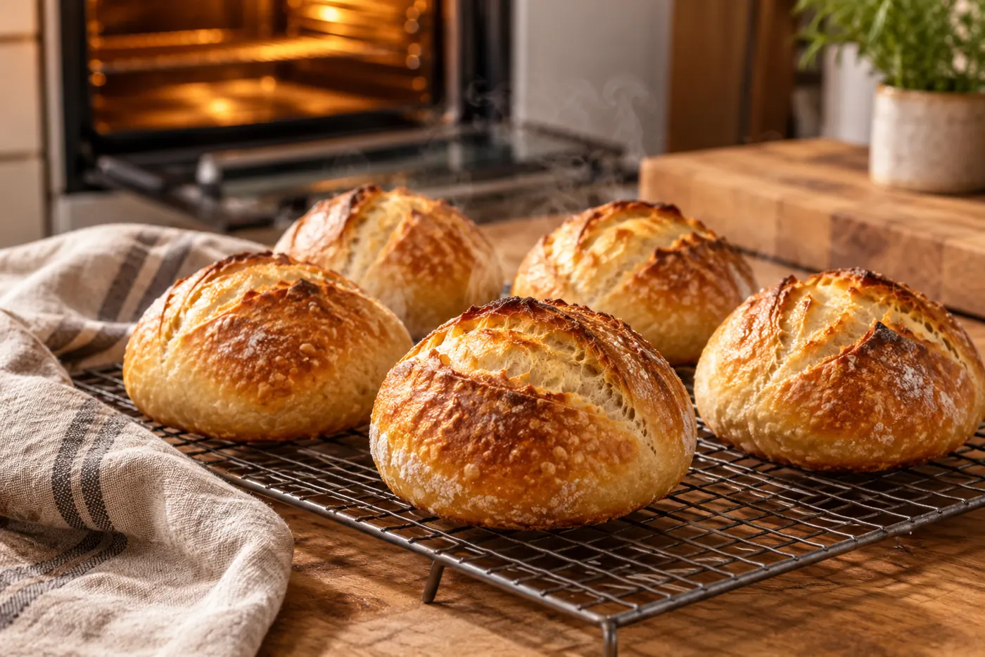 Cinq petits pains au levain dorés sur une grille de refroidissement, croûte brillante, légère vapeur, porte du four ouverte en arrière-plan