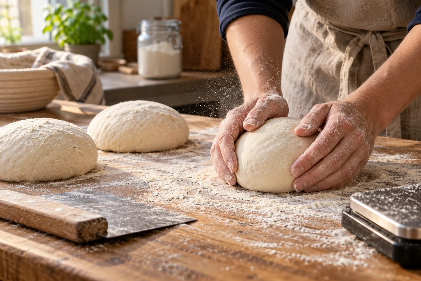 Deux mains farinées roulant un pâton en boule sur un plan de travail en bois, deux pâtons déjà boules à côté, corne à pâte et balance de cuisine