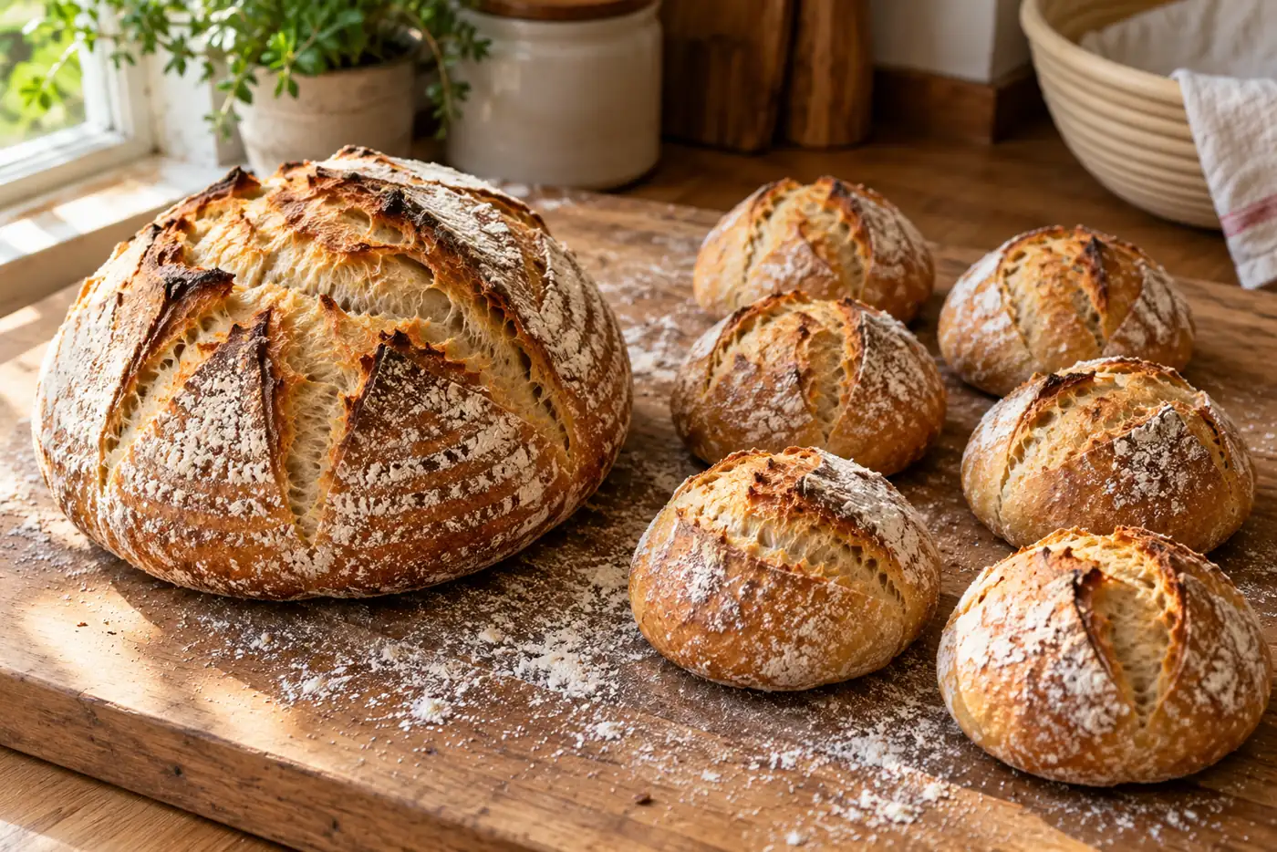 Sur une planche en bois, une grosse miche au levain ronde à gauche et six petits pains ronds de la même pâte à droite, croûtes dorées et farinées