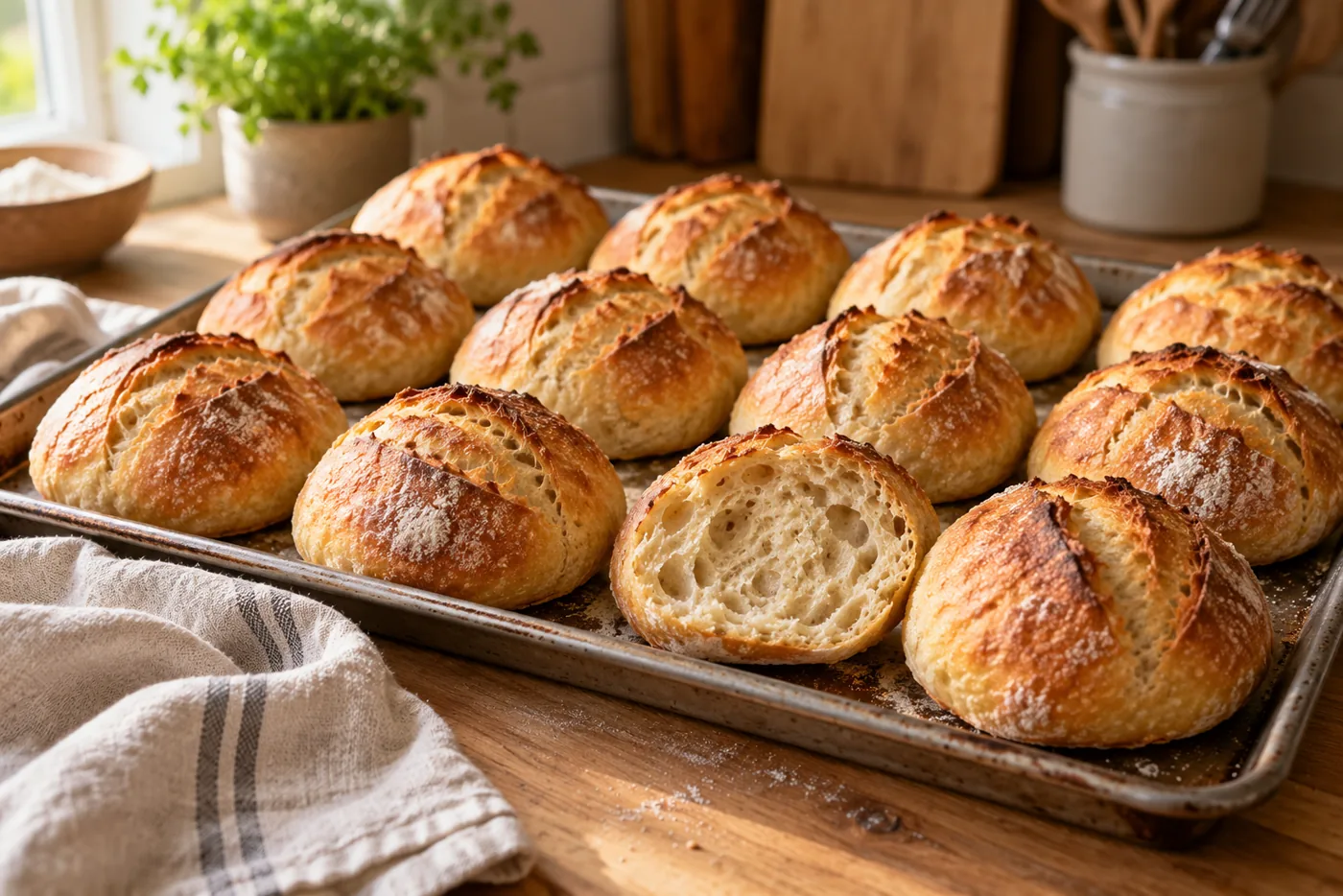 Douze petits pains au levain dorés sur une plaque de cuisson en métal, un pain coupé montrant une mie alvéolée, torchon de lin à côté, cuisine lumineuse