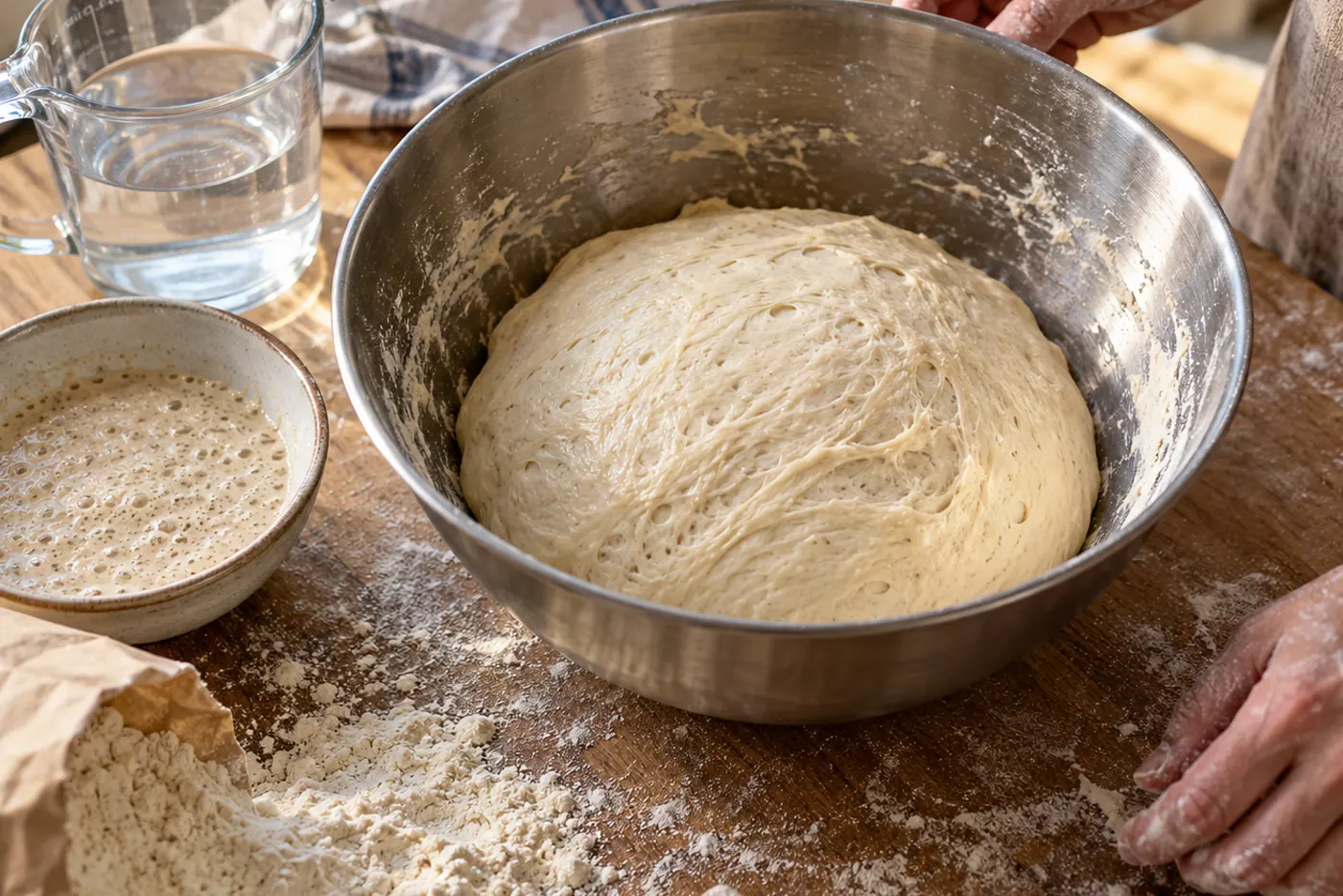 Grand bol en inox avec une pâte au levain levée, verre doseur d'eau, petit bol de levain mousseux, farine renversée sur un plan de travail en bois